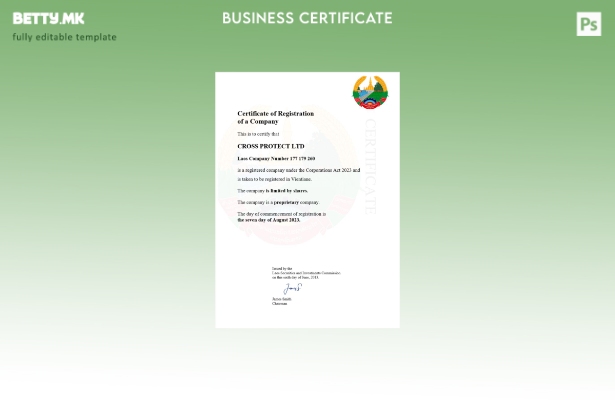 модерен стил Лаос сертификат за регистрација на бизнис Шаблон за Word и PDF шабл